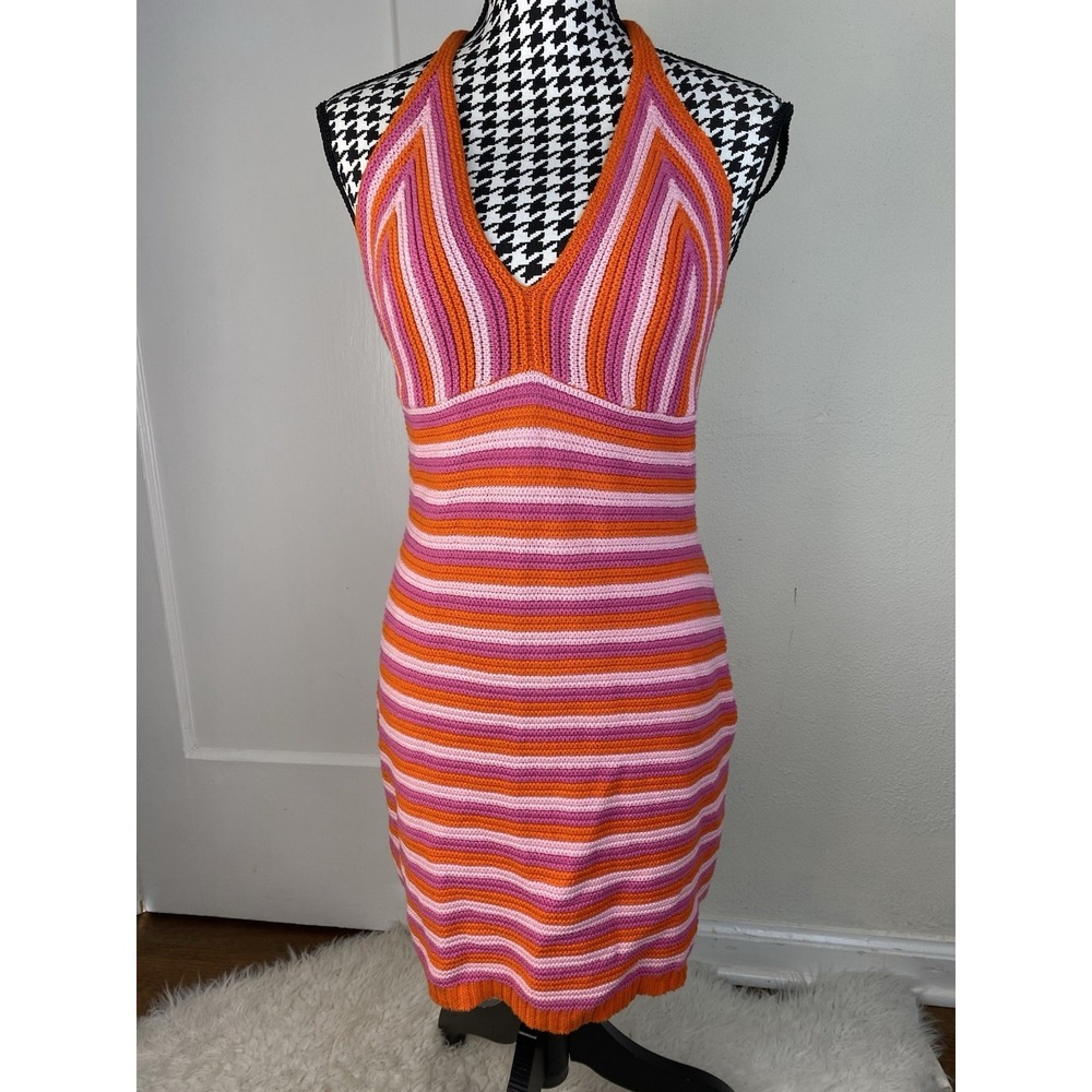 Stitch & PIne Women's M Pink Orange Striped Halter Crochet Bodycon Dress
